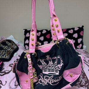 Juicy Couture Black and Pink Embroidered Crown Shoulder Bag